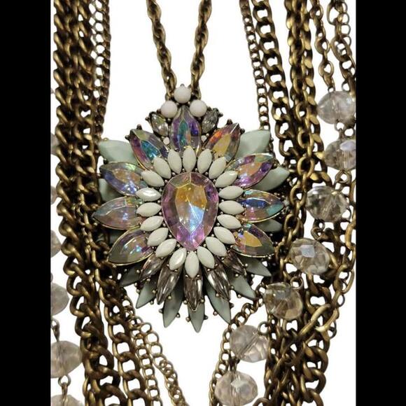 Vintage 1980's Multi-Strands Necklace w/ Aqua and Aurora Borealis Floral Pendant - Picture 5 of 6